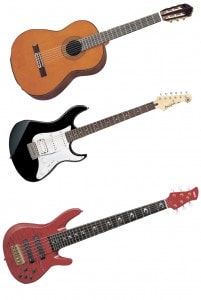 Acoustic, Electric Guitar, and Electric Bass