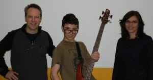 Toronto Electric Bass student Owen Pearson with parents Ian Pearson & Kat Spiwak