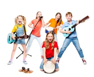 Teenagers playing diverse musical instruments